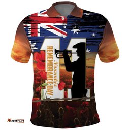 Australia Rememberance Day Polo Shirt 11 November Poppy Field With Last Post