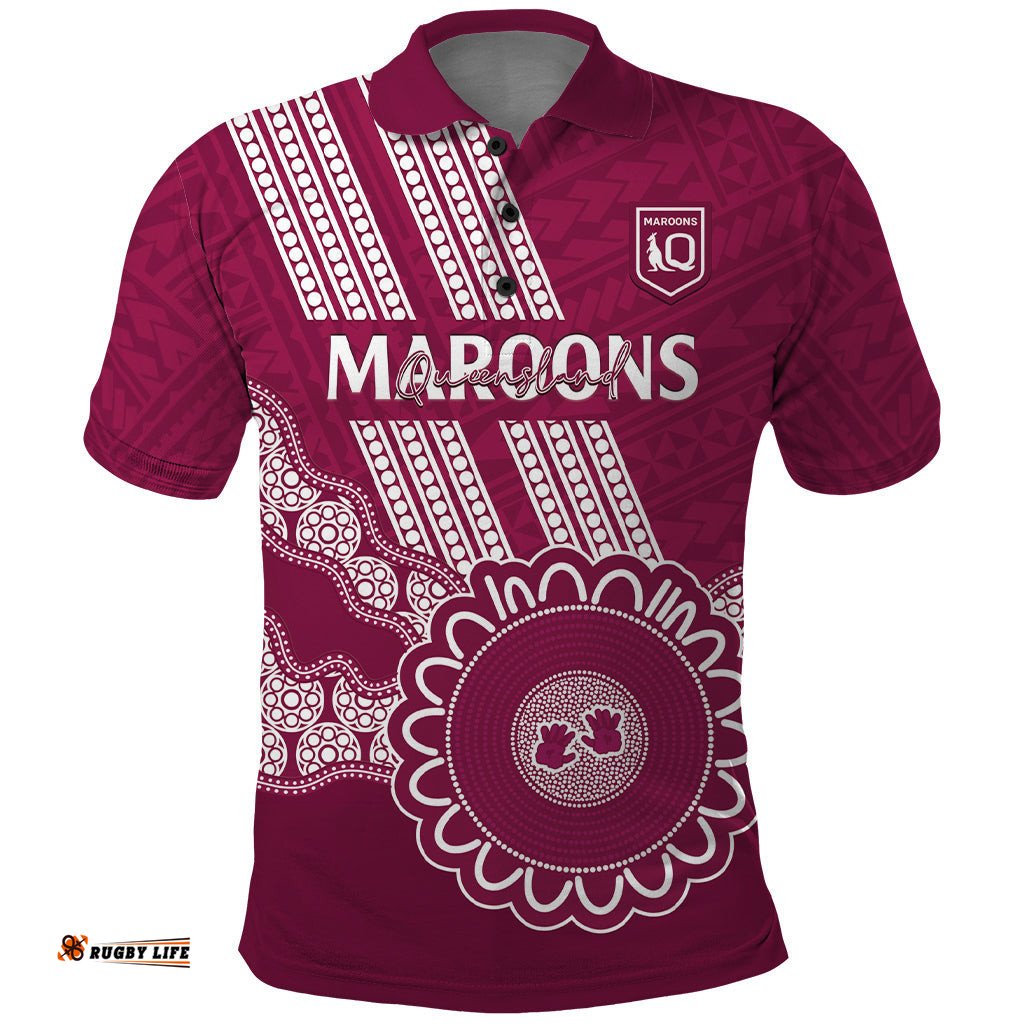 Custom QLD Maroons Rugby Polo Shirt Aussie Aboriginal Mix Polynesian Pattern