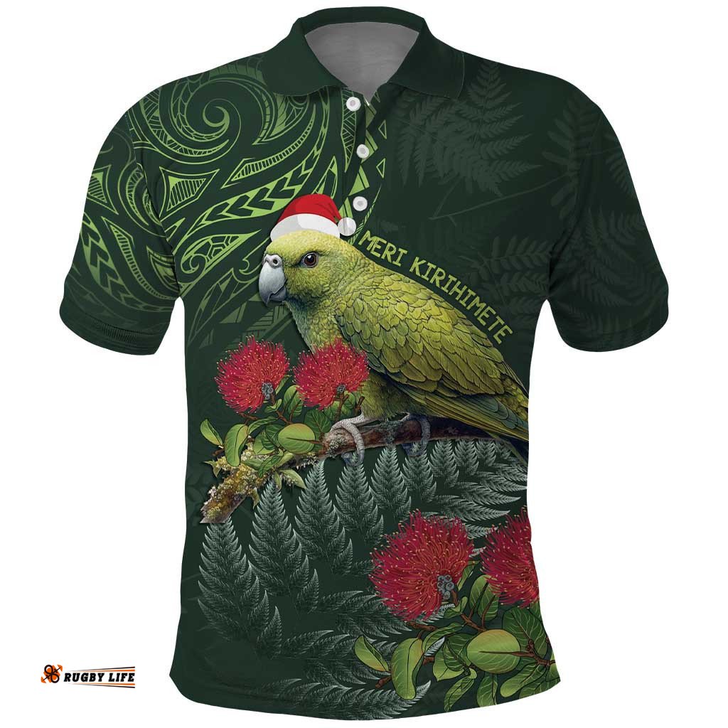 Meri Kirihimete Kakapo Polo Shirt Green Silver Fern Christmas Vibe
