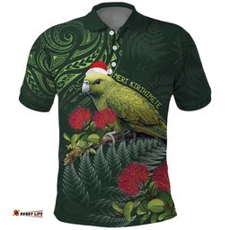 Meri Kirihimete Kakapo Polo Shirt Green Silver Fern Christmas Vibe