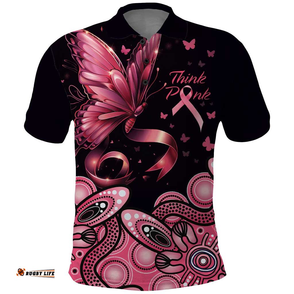 Think Pink Butterfly Ribbon Aboriginal Art Polo Shirt