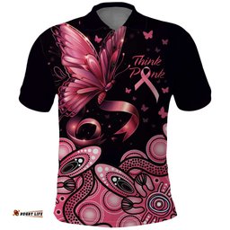 Think Pink Butterfly Ribbon Aboriginal Art Polo Shirt