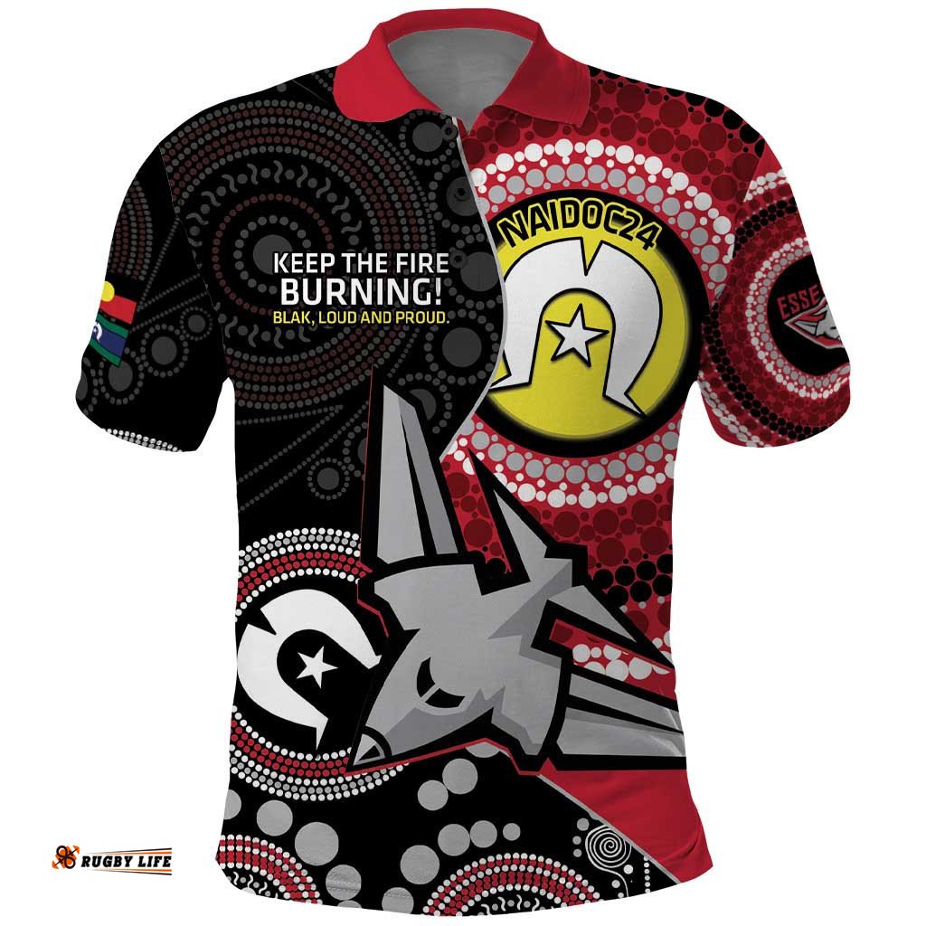 Custom AFL Essendon NAIDOC Week Polo Shirt Keep The Fire Burning Indigenous Art