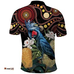Australia Palm Cockatoo Polo Shirt Aussie Banksia - Aboriginal Pattern