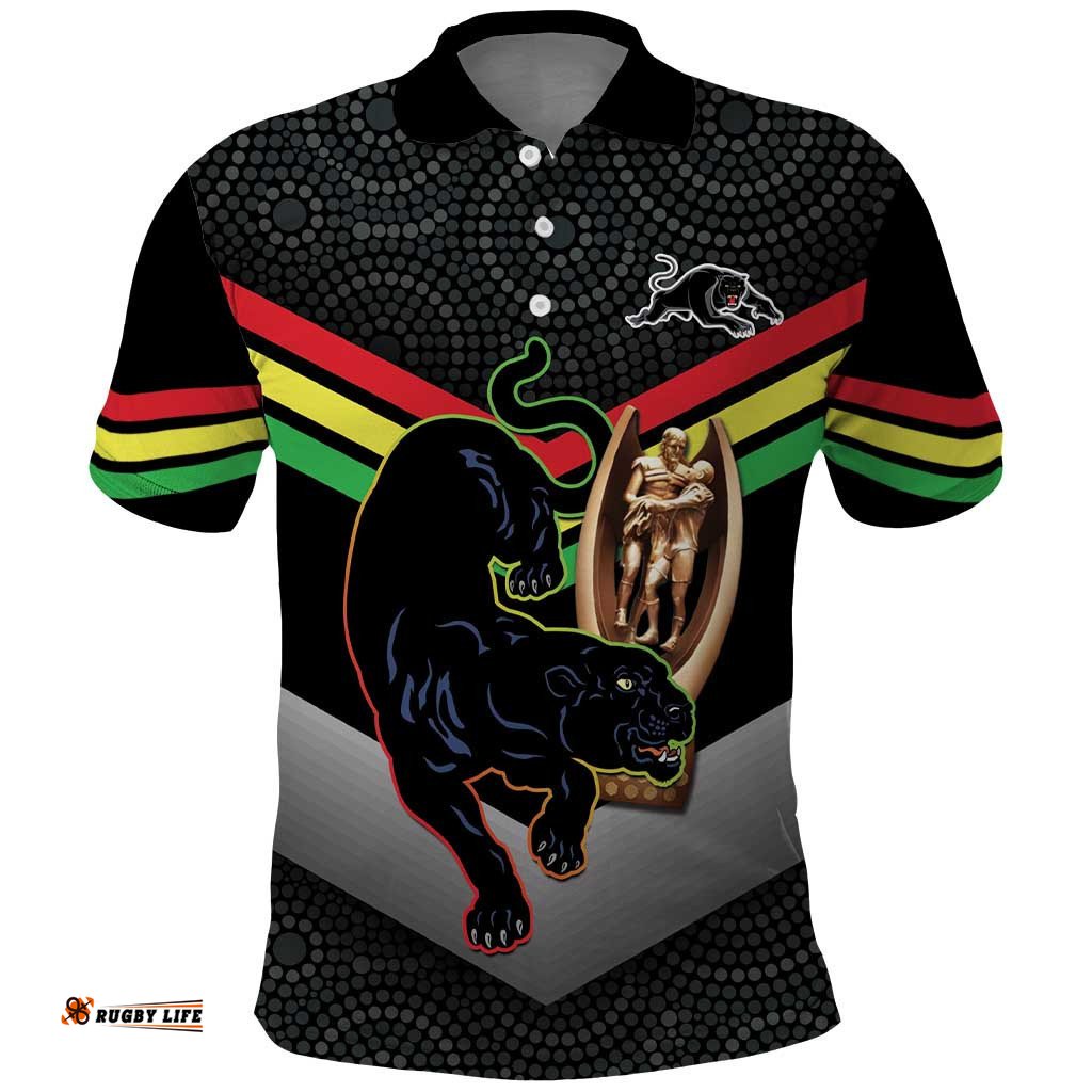 Personalised Panthers Rugby 2024 Polo Shirt Mascot With Trophy Go Champions Aboriginal Art
