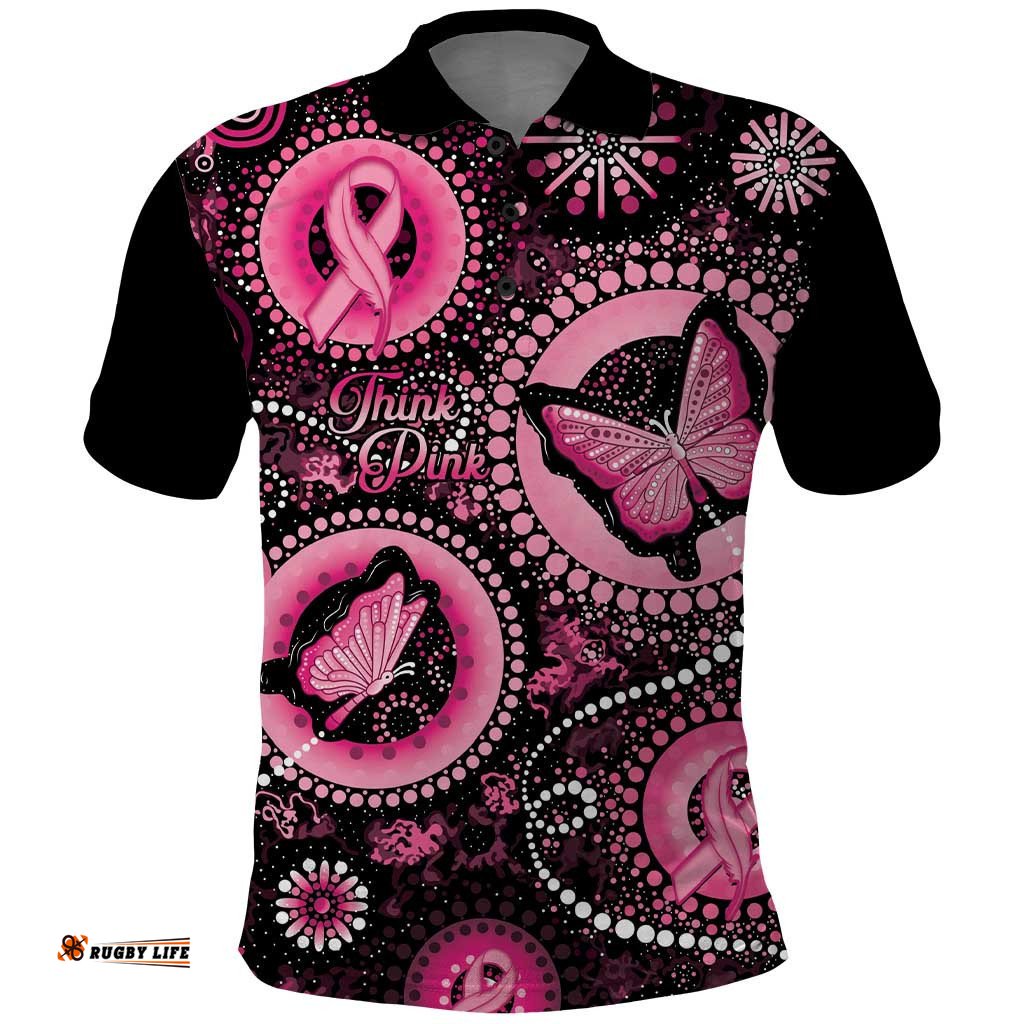 Personalised Australia Indigenous Polo Shirt Breast Cancer Ribbon Think Pink - Black Version