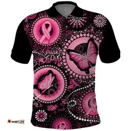 Personalised Australia Indigenous Polo Shirt Breast Cancer Ribbon Think Pink - Black Version