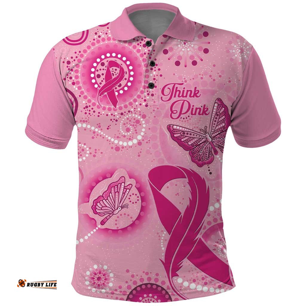 Personalised Australia Indigenous Polo Shirt Breast Cancer Ribbon Think Pink - Pink Version