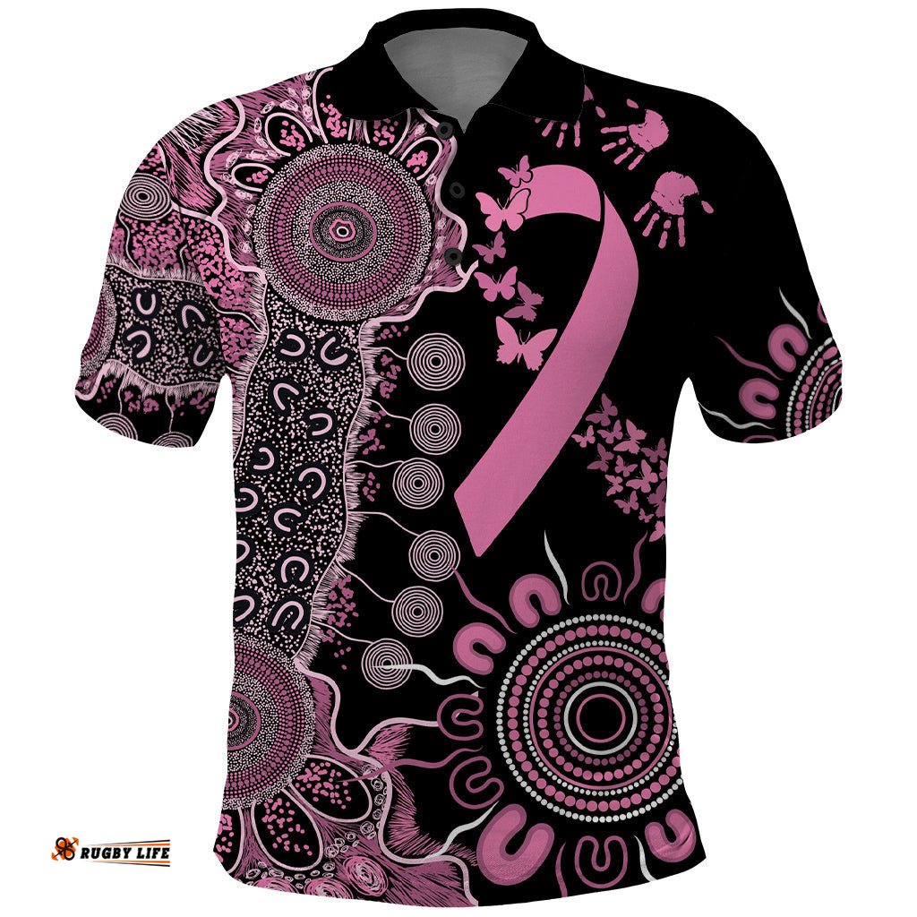 Personalised Aboriginal Ribbons Polo Shirt Beautiful Butterflies Breast Cancer Awareness