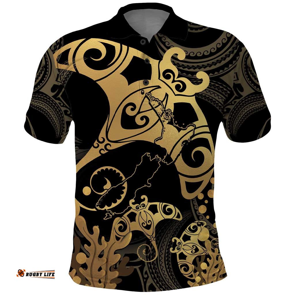 Black And Gold Aotearoa Whai Polo Shirt NZ Stingrays Maori Curves Style
