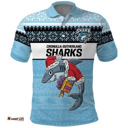 NRL Cronulla-Sutherland Christmas Personalised Polo Shirt with Sharkies Santa