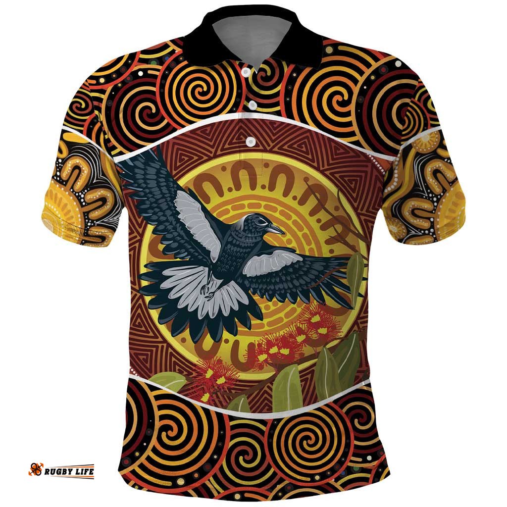 Aboriginal Magpies Dots Art Polo Shirt Native Australian Animals