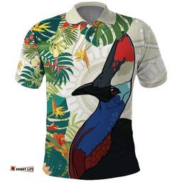 Cassowary Australia Polo Shirt Tropical Flowers Mix Aboriginal Art