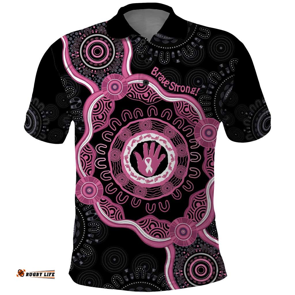 Personalised Australia Breast Cancer Polo Shirt Brave Strong Aboriginal Art