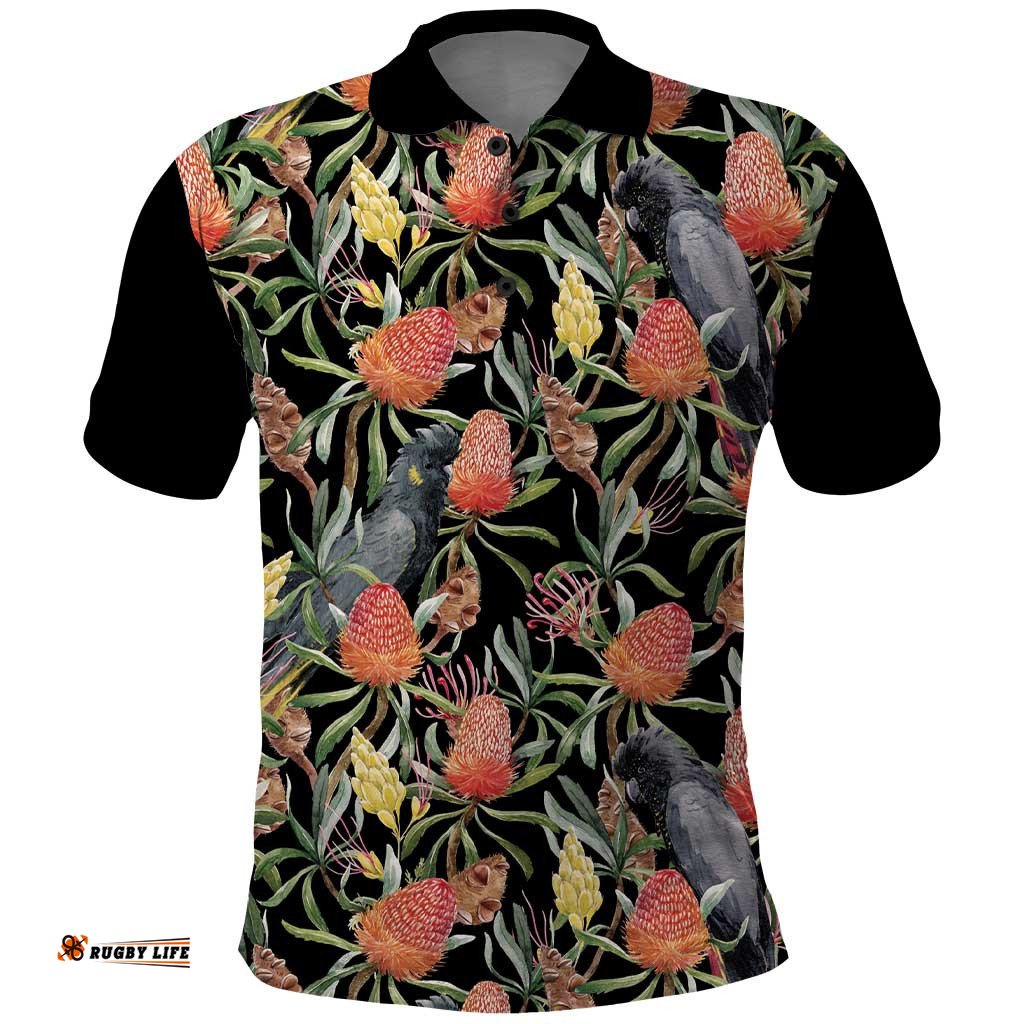 Australia Black Cockatoo And Banksia Flowers Polo Shirt