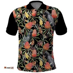Australia Black Cockatoo And Banksia Flowers Polo Shirt