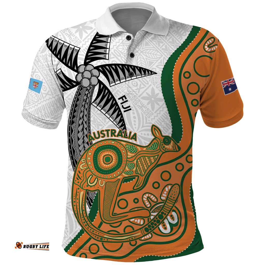 Custom Fiji And Australia Rugby Polo Shirt Fijian Palm Tree Mix Aussie Kangaroo