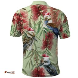 Australia Christmas Polo Shirt Kookaburra Santa on Callistemon - Pastel
