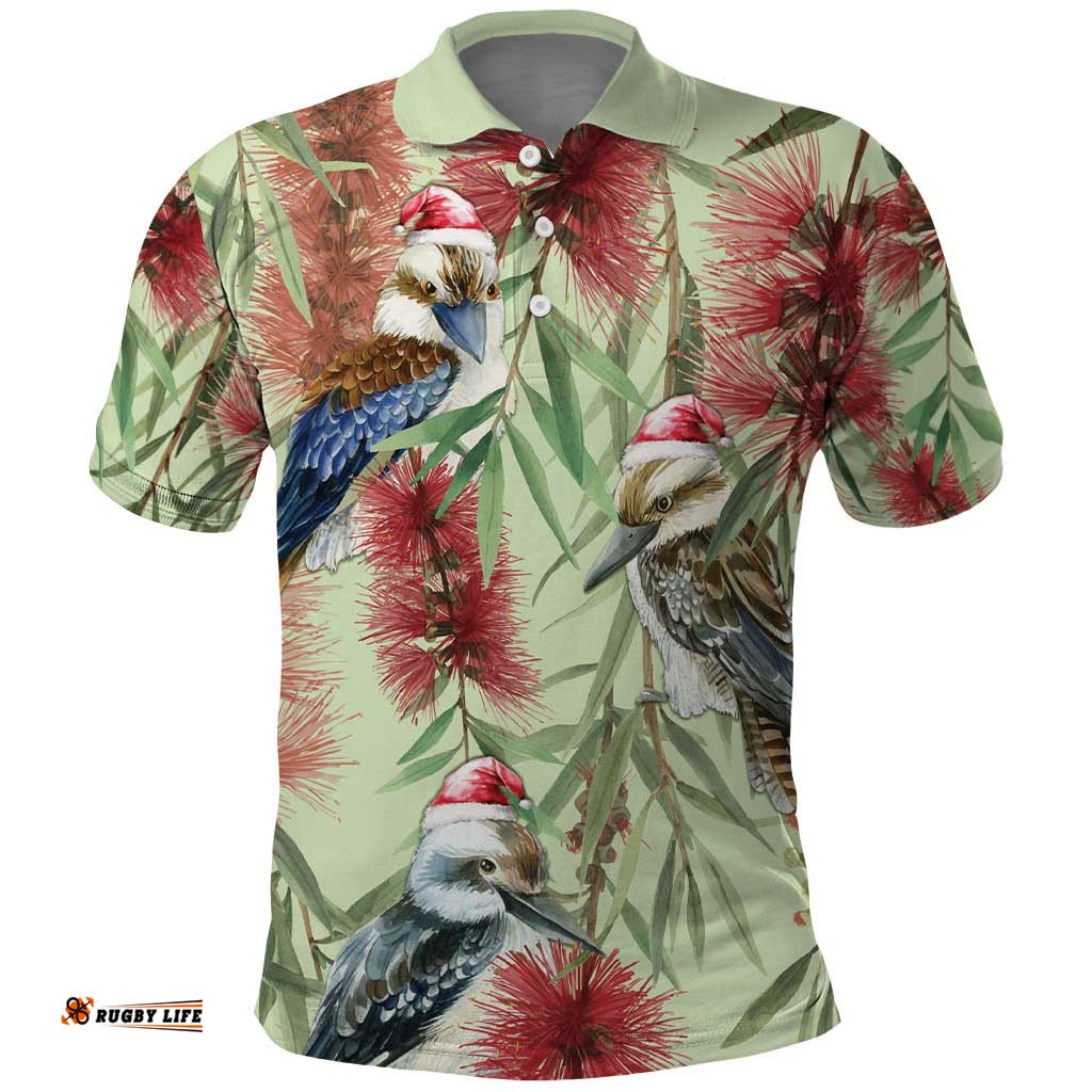 Australia Christmas Polo Shirt Kookaburra Santa on Callistemon - Pastel