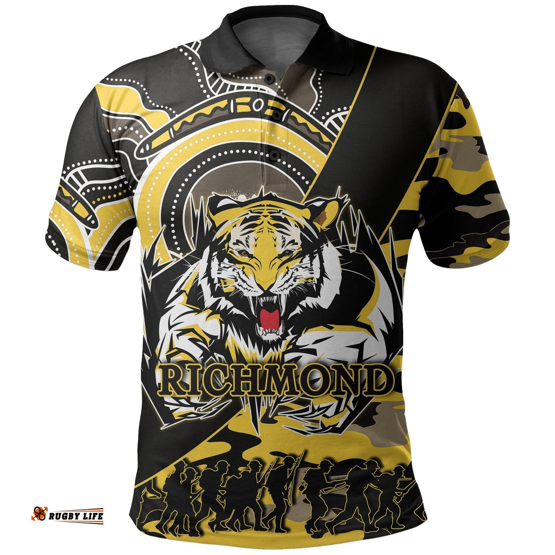 Richmond Tigers Polo Shirt Anzac Day Army Mix Aboriginal