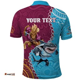 Personalised Sharks And Broncos Rugby Polo Shirt Aboriginal Mix Polynesian Pattern