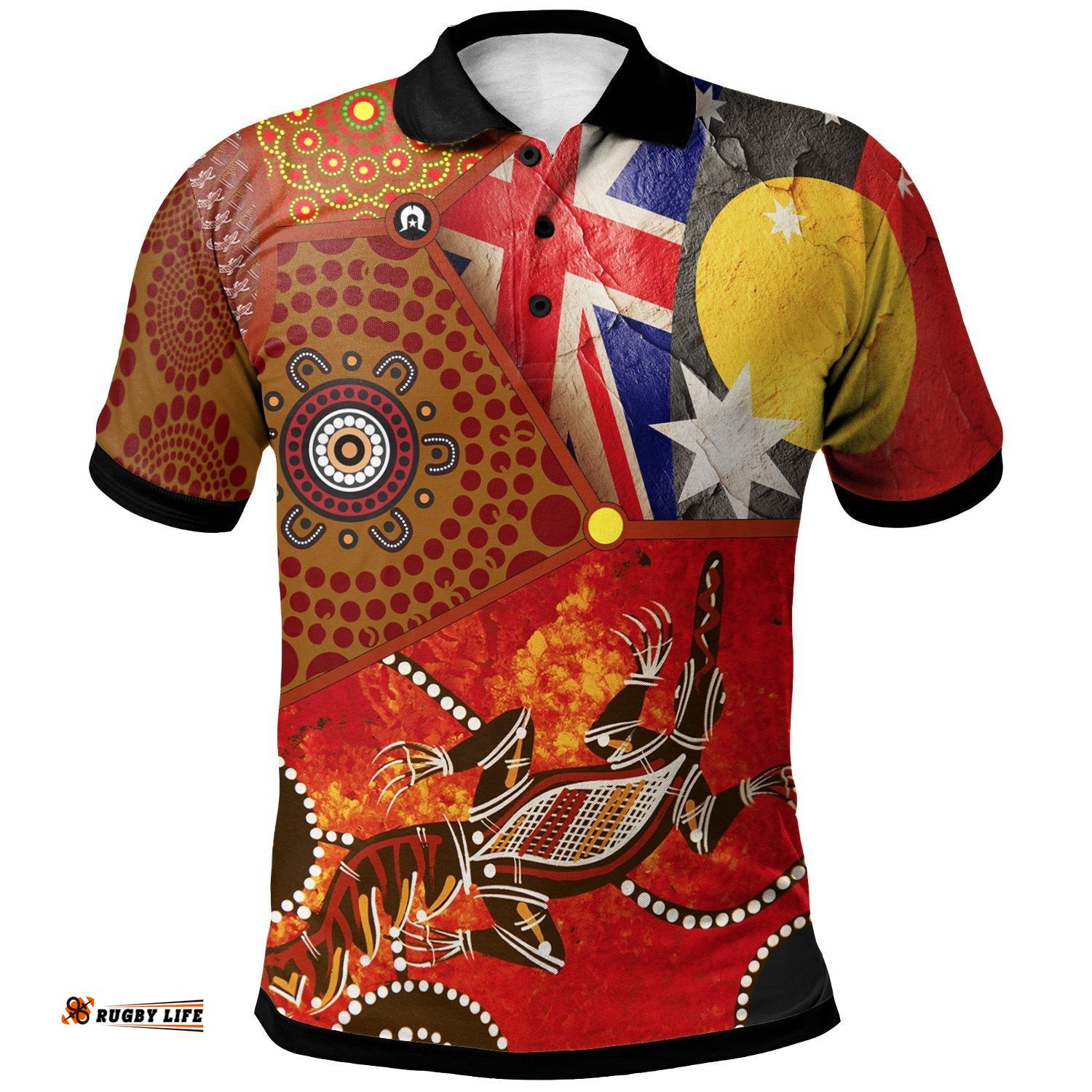 Polo Shirt, Aboriginal Dot Patterns & Flags , Crocodile