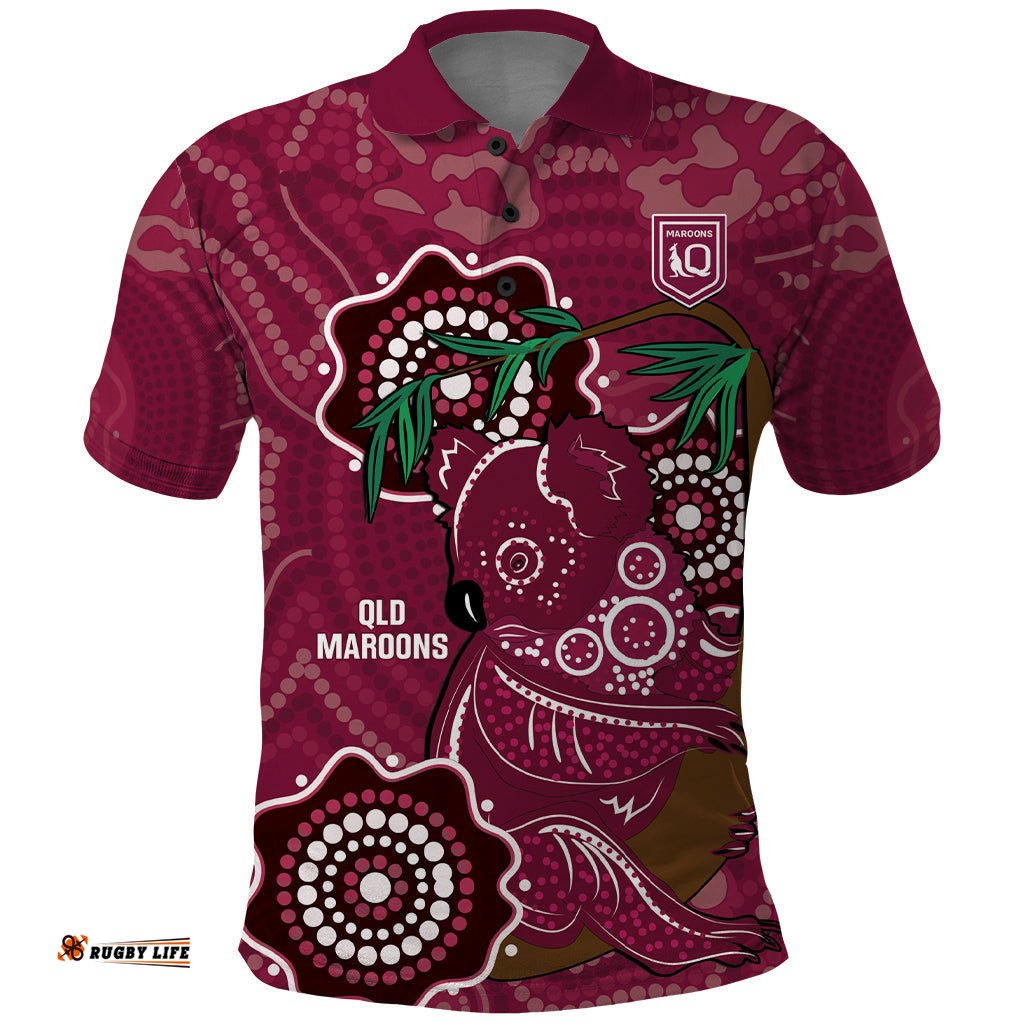 Custom Queensland Maroons Rugby Polo Shirt 2024 Koala Mix Aboriginal Art