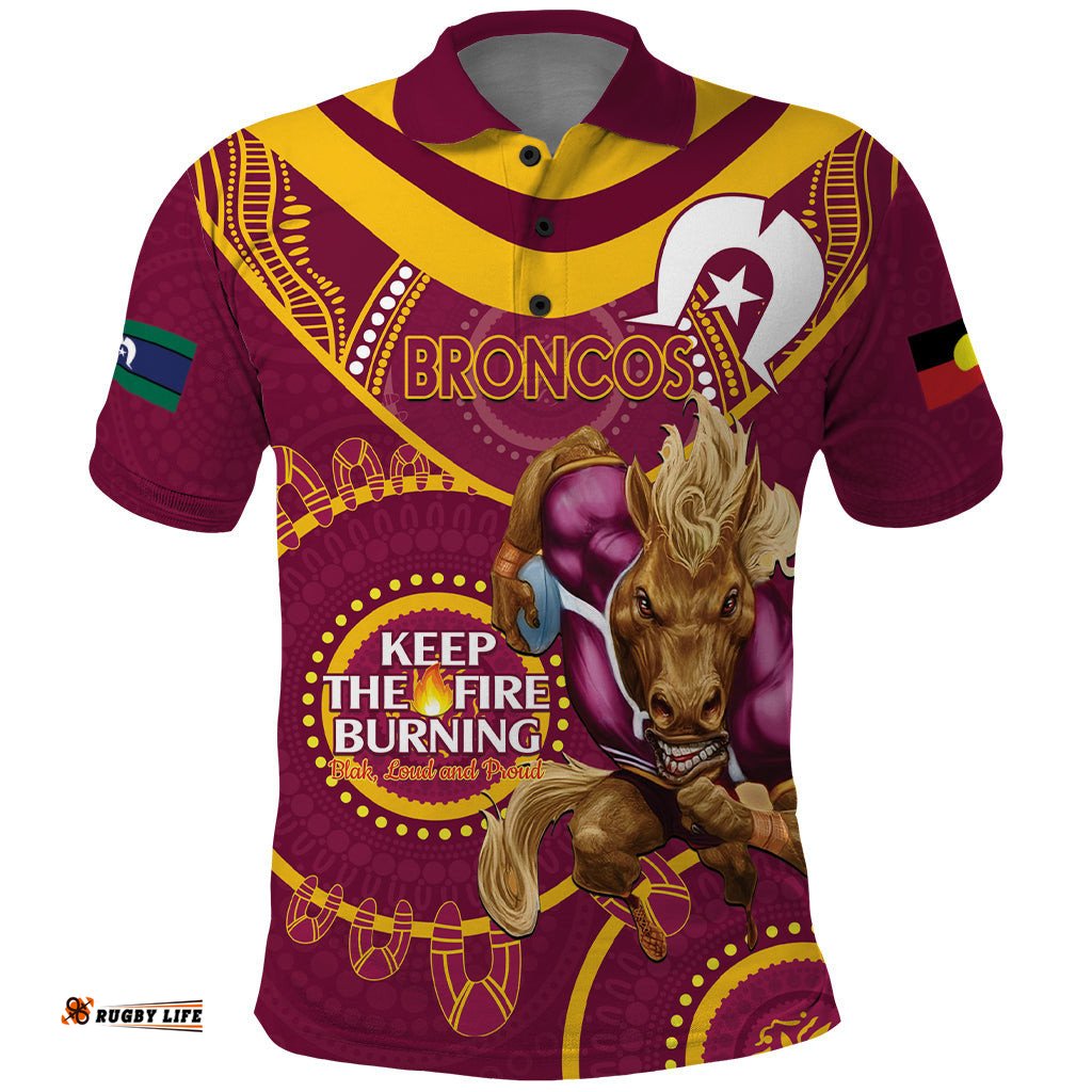 Custom NRL Broncos NAIDOC Week Polo Shirt Keep The Fire Burning Indigenous Art