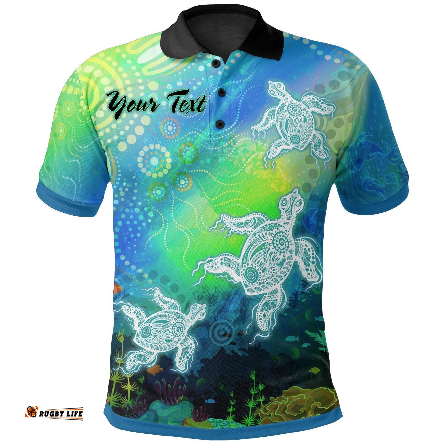 Custom Text Aboriginal Polo Shirt - Indigenous Turtle Ocean Dot Painting Art