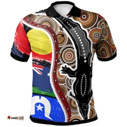 Polo Shirt - Australian Aboriginal Crocodile With NAIDOC Flags