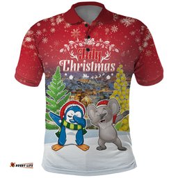 Personalised Christmas In July Polo Shirt Funny Dabbing Dance Koala And Blue Penguins