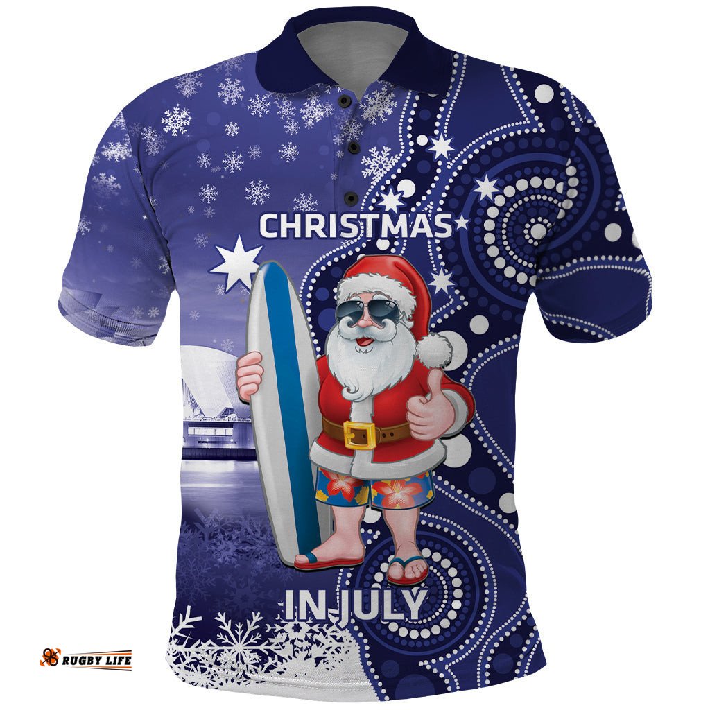 Christmas In July Australia Polo Shirt Santa Surfboard Sydney Opera House - Blue