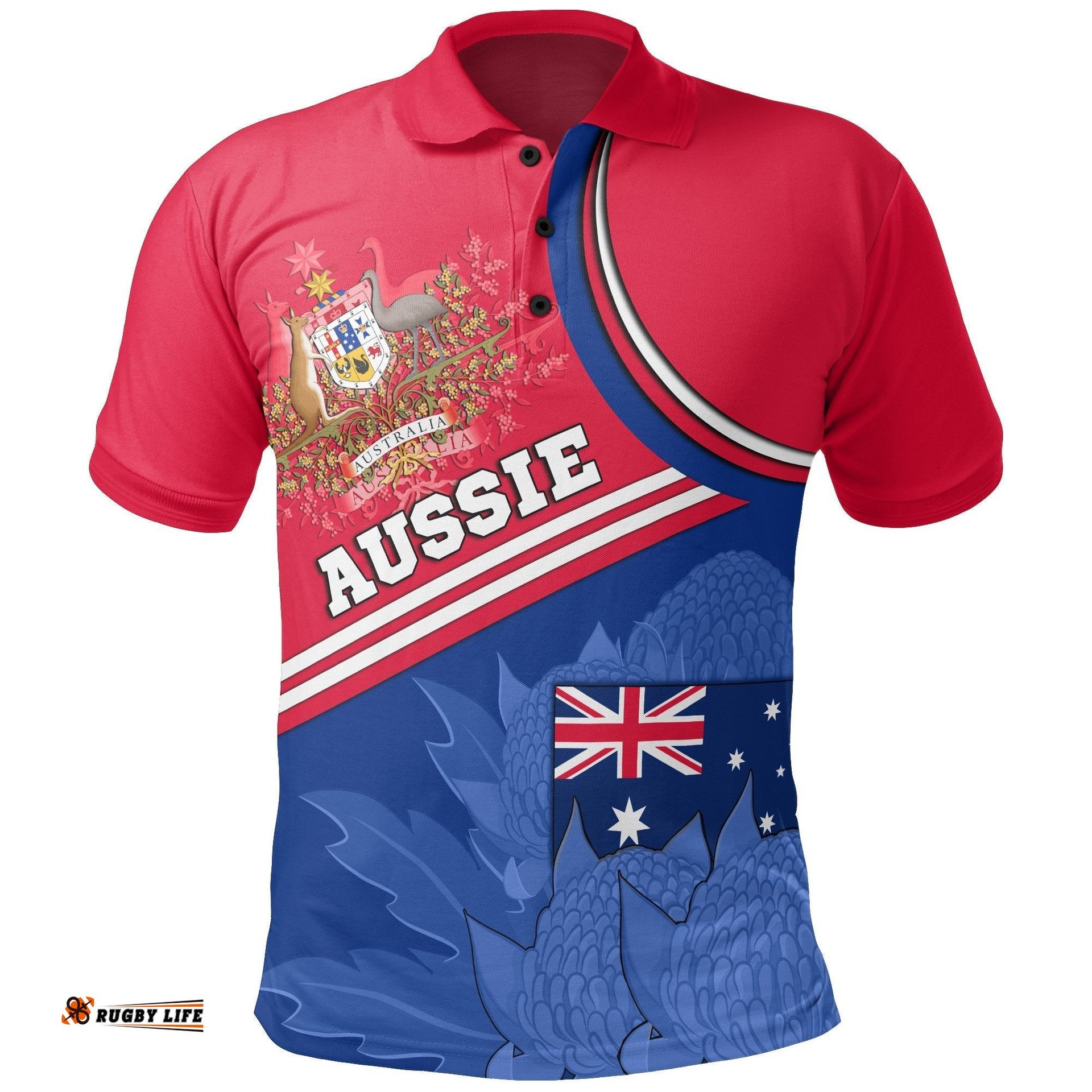Polo Shirt - Aus Flag and Coat of Arms Shirt Waratah Flowers