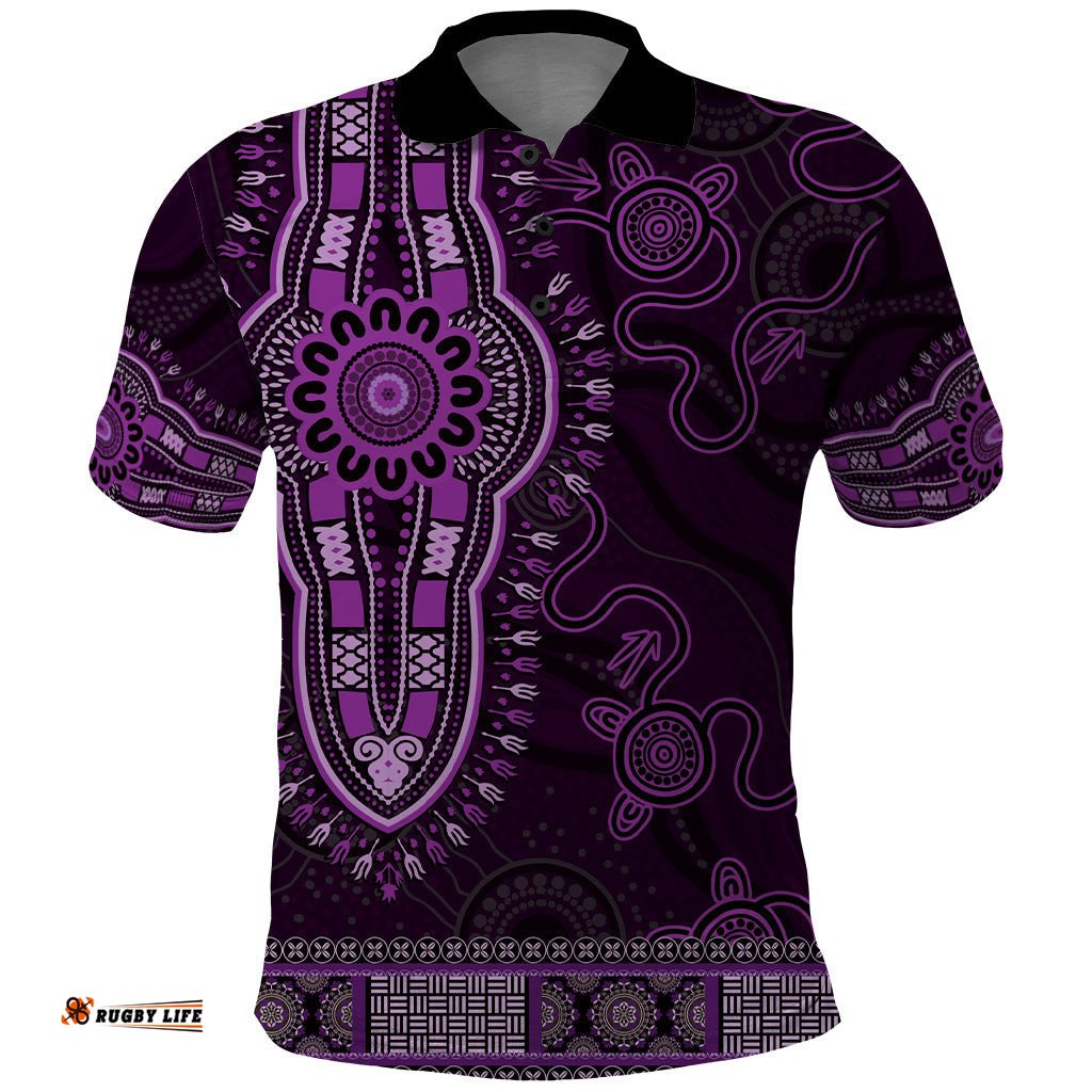 Purple African Dashiki With Australia Aboriginal Art Polo Shirt