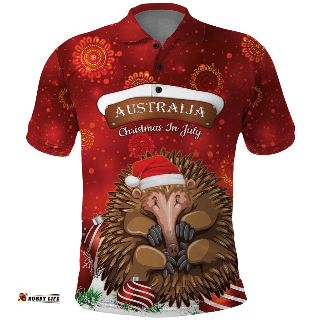 Australia Christmas In July Polo Shirt Echidna Santa Claus