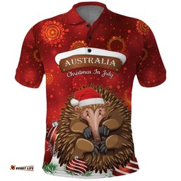 Australia Christmas In July Polo Shirt Echidna Santa Claus