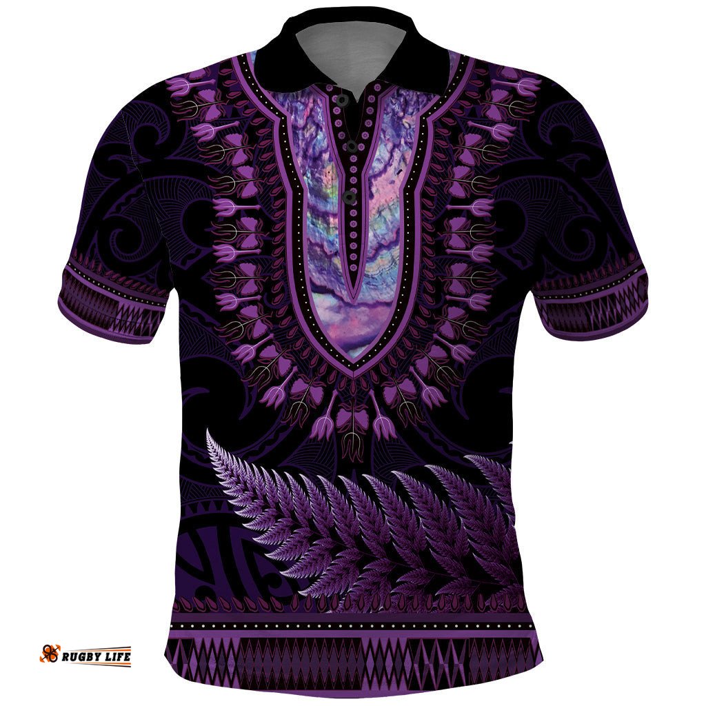 Purple African Dashiki With Aotearoa Maori Polo Shirt Paua Shell Mix Silver Fern