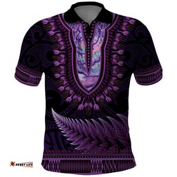 Purple African Dashiki With Aotearoa Maori Polo Shirt Paua Shell Mix Silver Fern