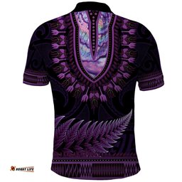 Purple African Dashiki With Aotearoa Maori Polo Shirt Paua Shell Mix Silver Fern