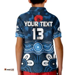 Custom Text and Number Blues Anzac 2022 Polo Shirt Carlton Football Aboriginal Poppy