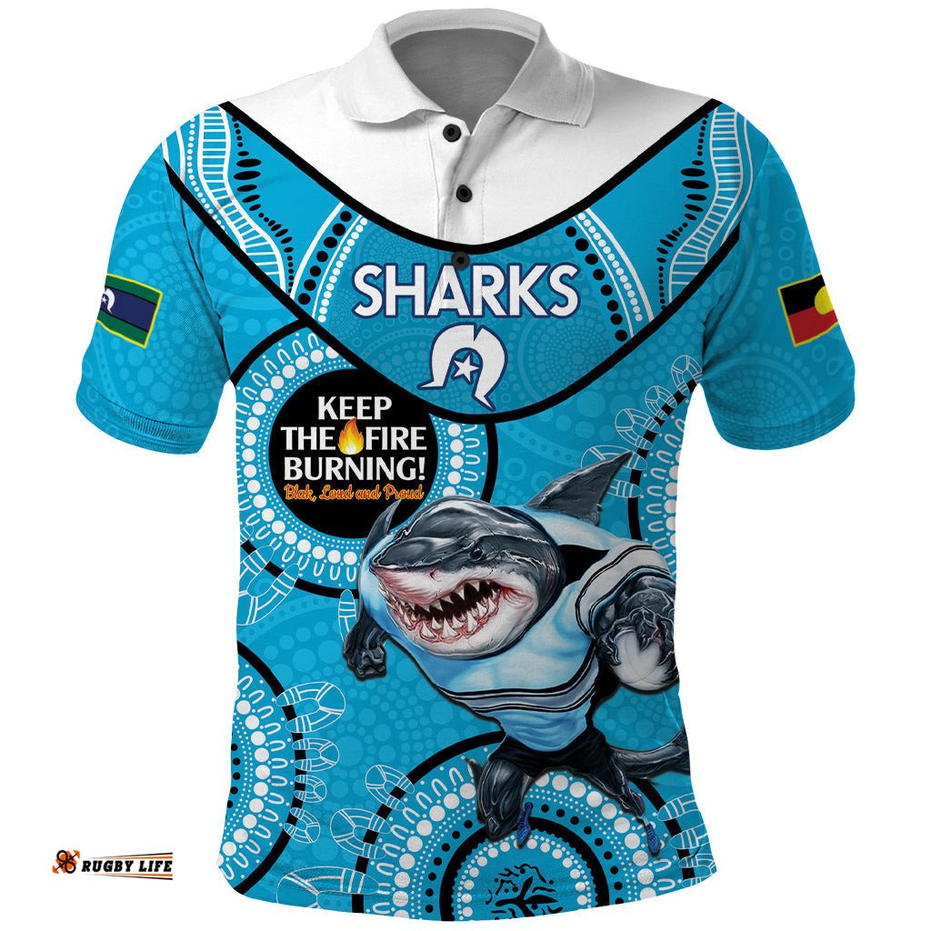 Custom NRL Sharks NAIDOC Week Polo Shirt Keep The Fire Burning Indigenous Art