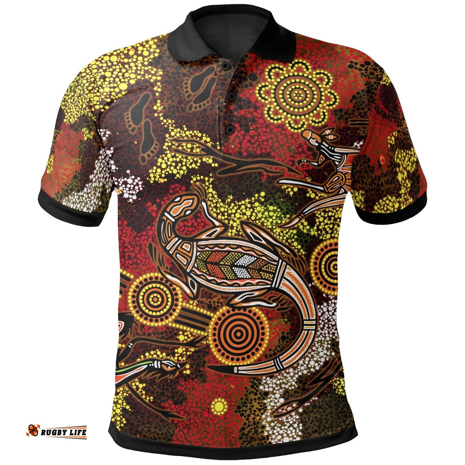 Aboriginal Polo Shirts , Kangaroo and Lizard Dot Painting Art