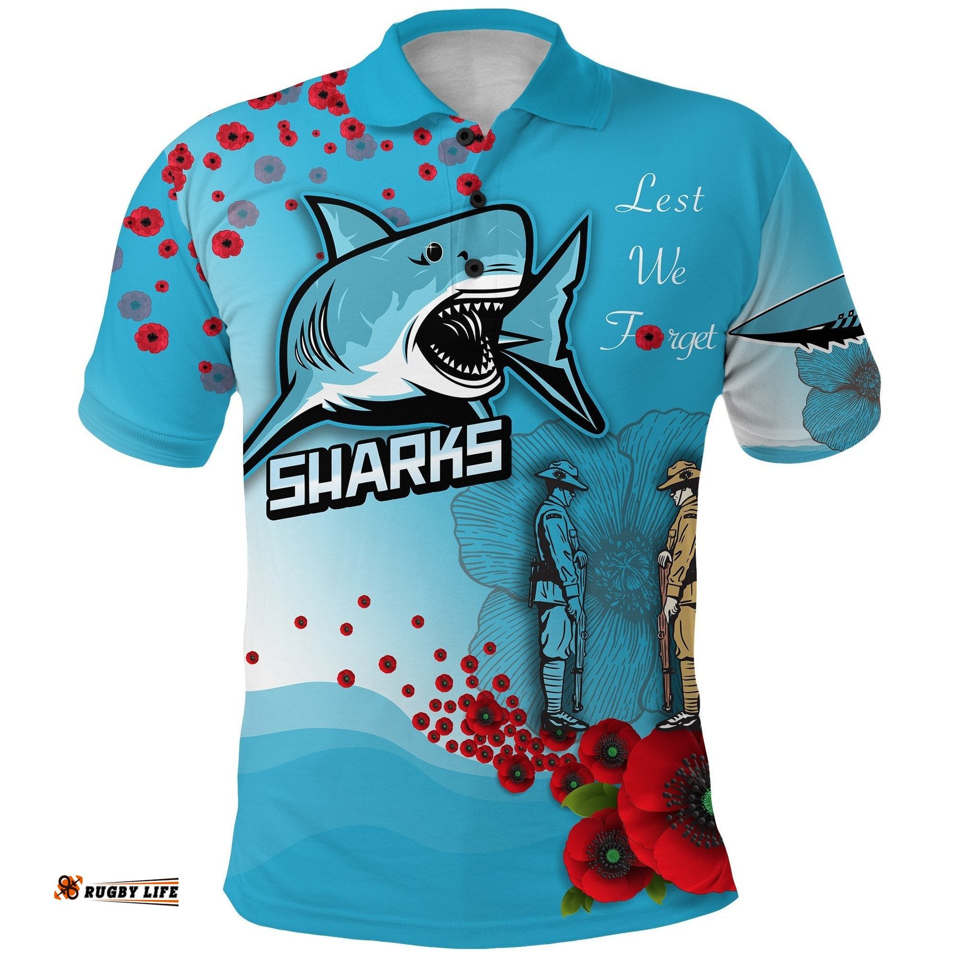 Anzac Sharks Polo Shirt Cronulla Lest We Forget