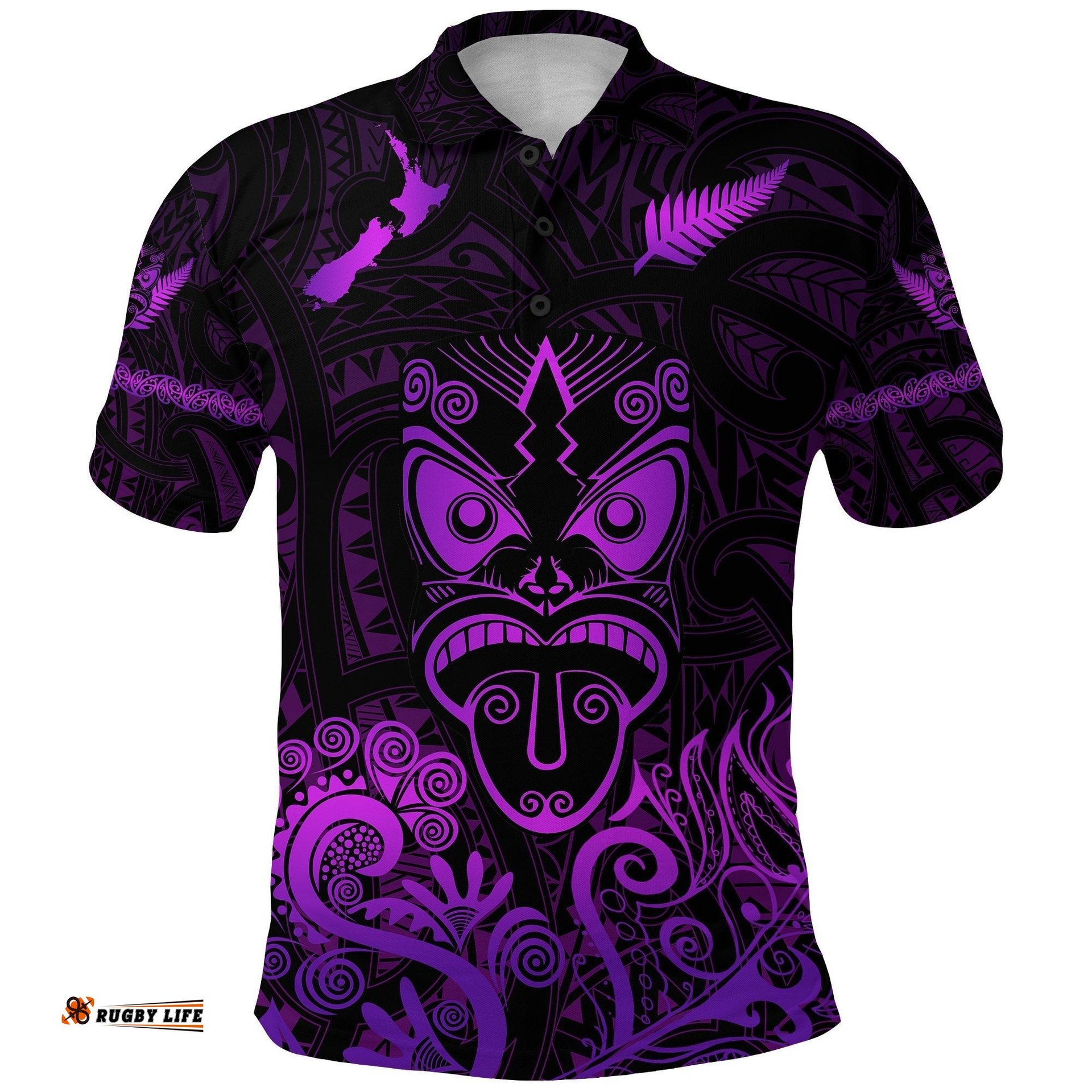 Maori Aotearoa Rugby Haka Polo Shirt New Zealand Silver Fern - Purple