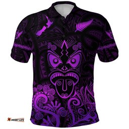 Maori Aotearoa Rugby Haka Polo Shirt New Zealand Silver Fern - Purple