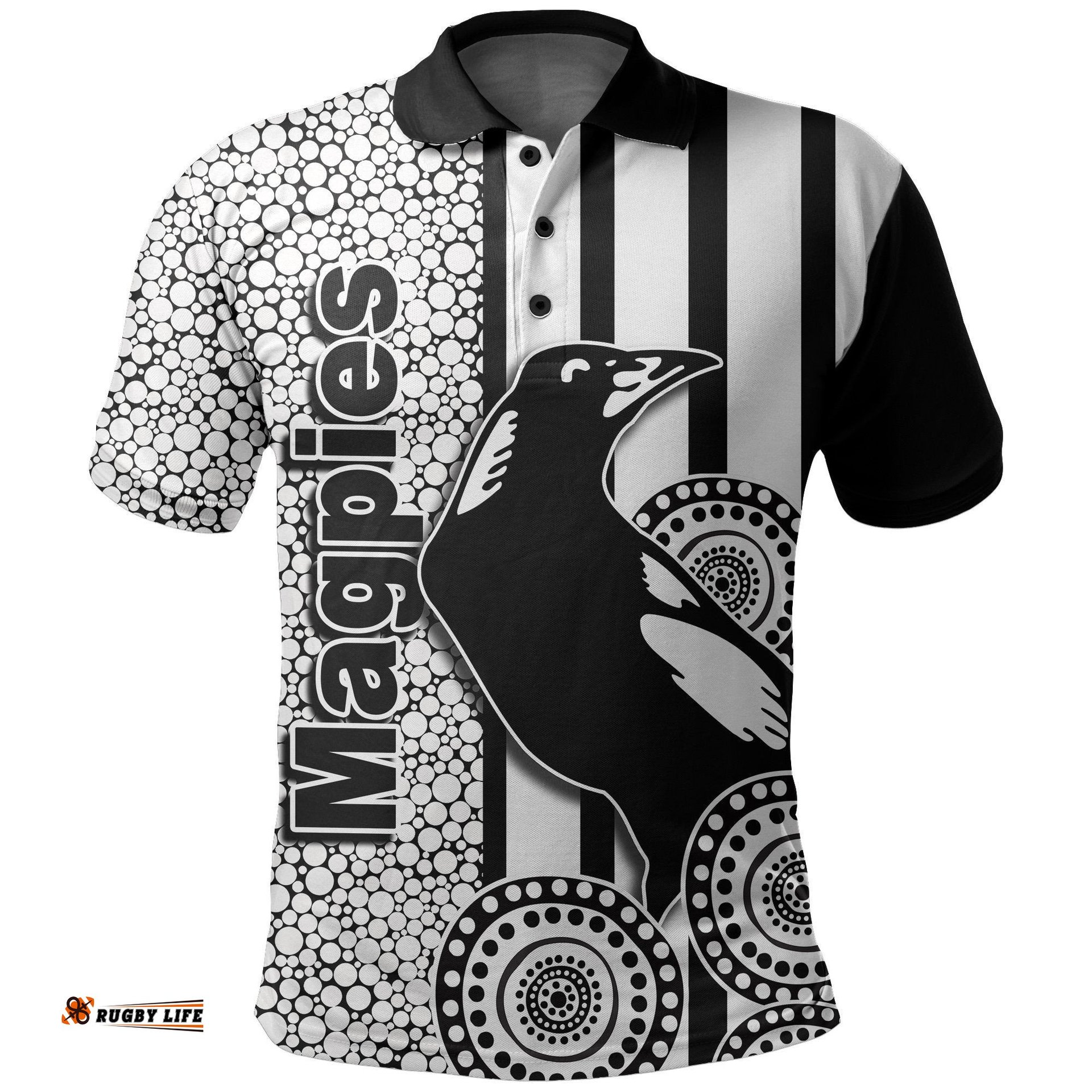 Magpies Polo Shirt Aboriginal Dot White