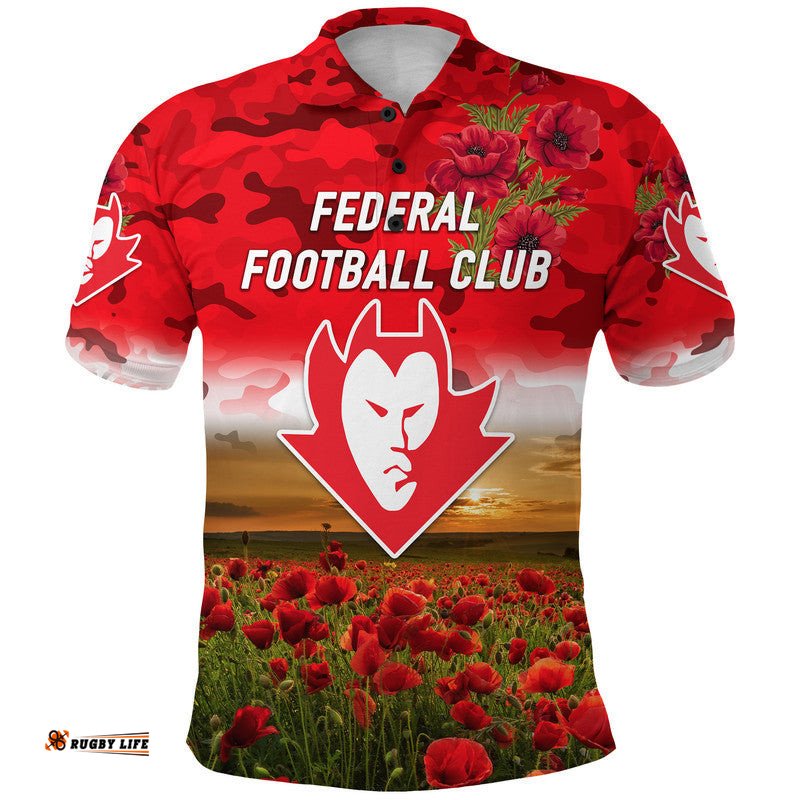 Custom Personalised Federal Football Club ANZAC Polo Shirt Poppy Vibes