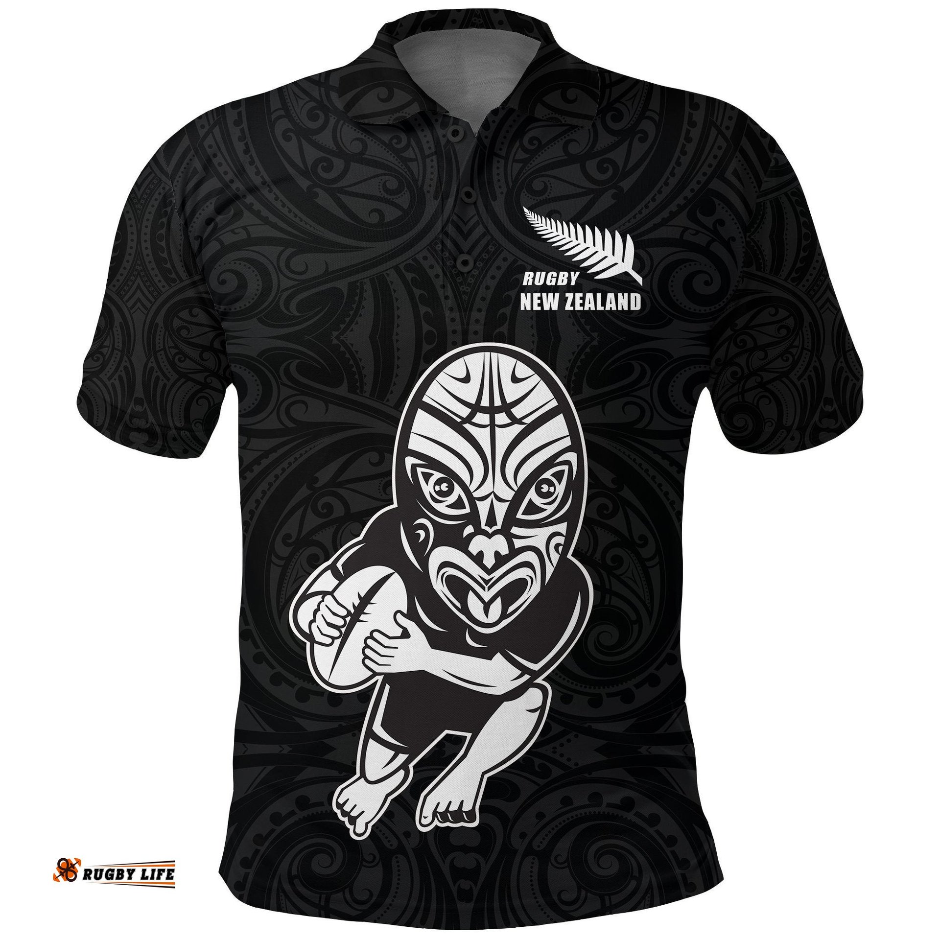 Maori Black Rugby New Zealand Polo Shirt with Haka Face