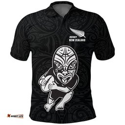 Maori Black Rugby New Zealand Polo Shirt with Haka Face