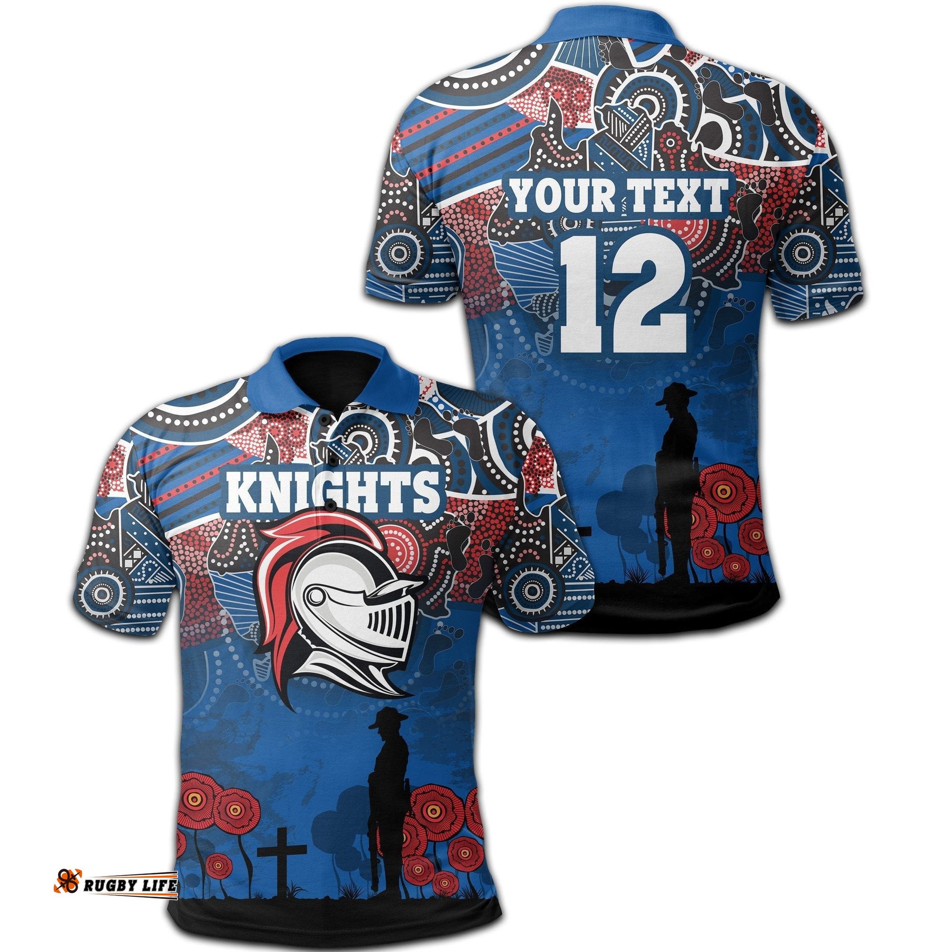Custom Personalised Knights Polo Shirt  Newcastle Anzac Day Aboriginal